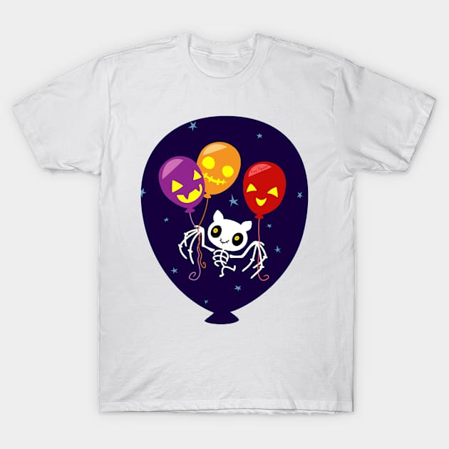 Halloween Bat Skeleton Flying With Balloons T-Shirt by Kaz_Foxsen